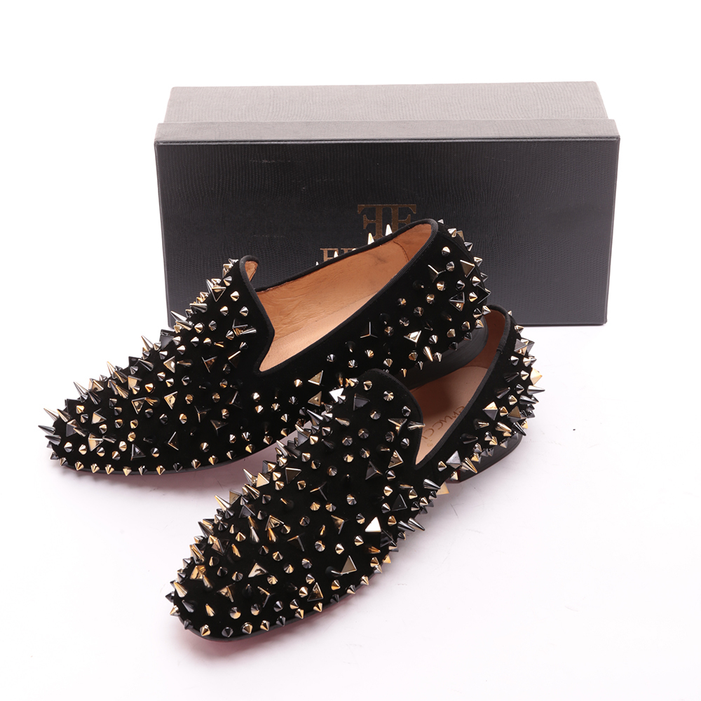 Men FERUCCI Black Velvet Slippers Loafers Flat Gold Spikes Rivet Wedding Prom