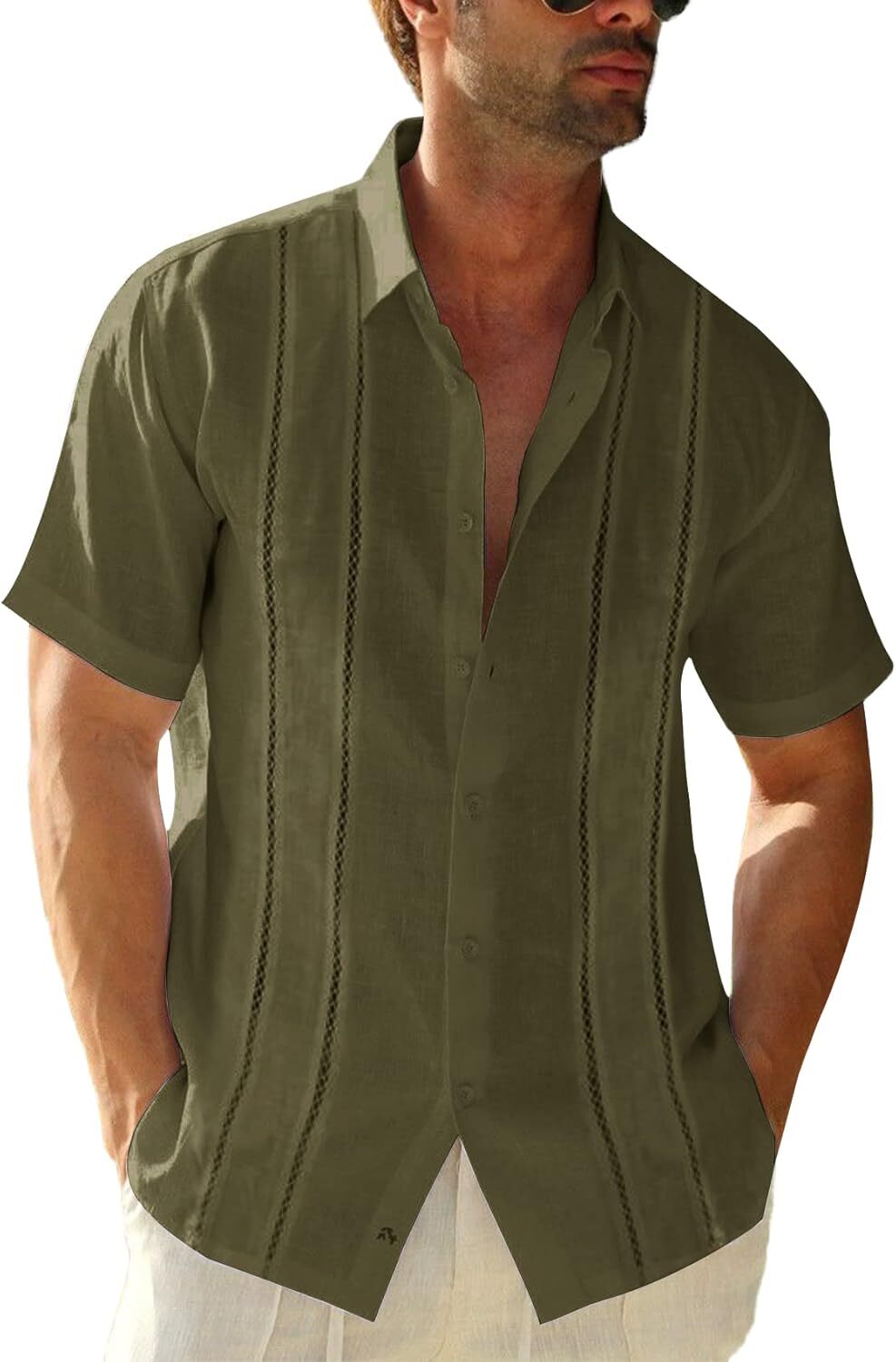 Mens Guayabera Shirt Linen Cotton Embroidered Short Sleeve Cuban Wedding Beach