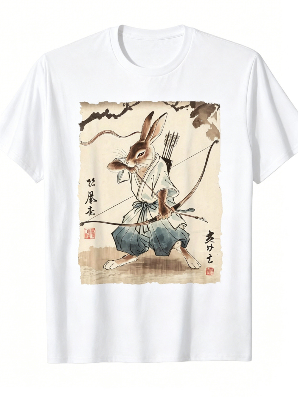 Samurai Rabbit Archer Graphic T-Shirt Japanese Manga Style Warrior Bunny Tee