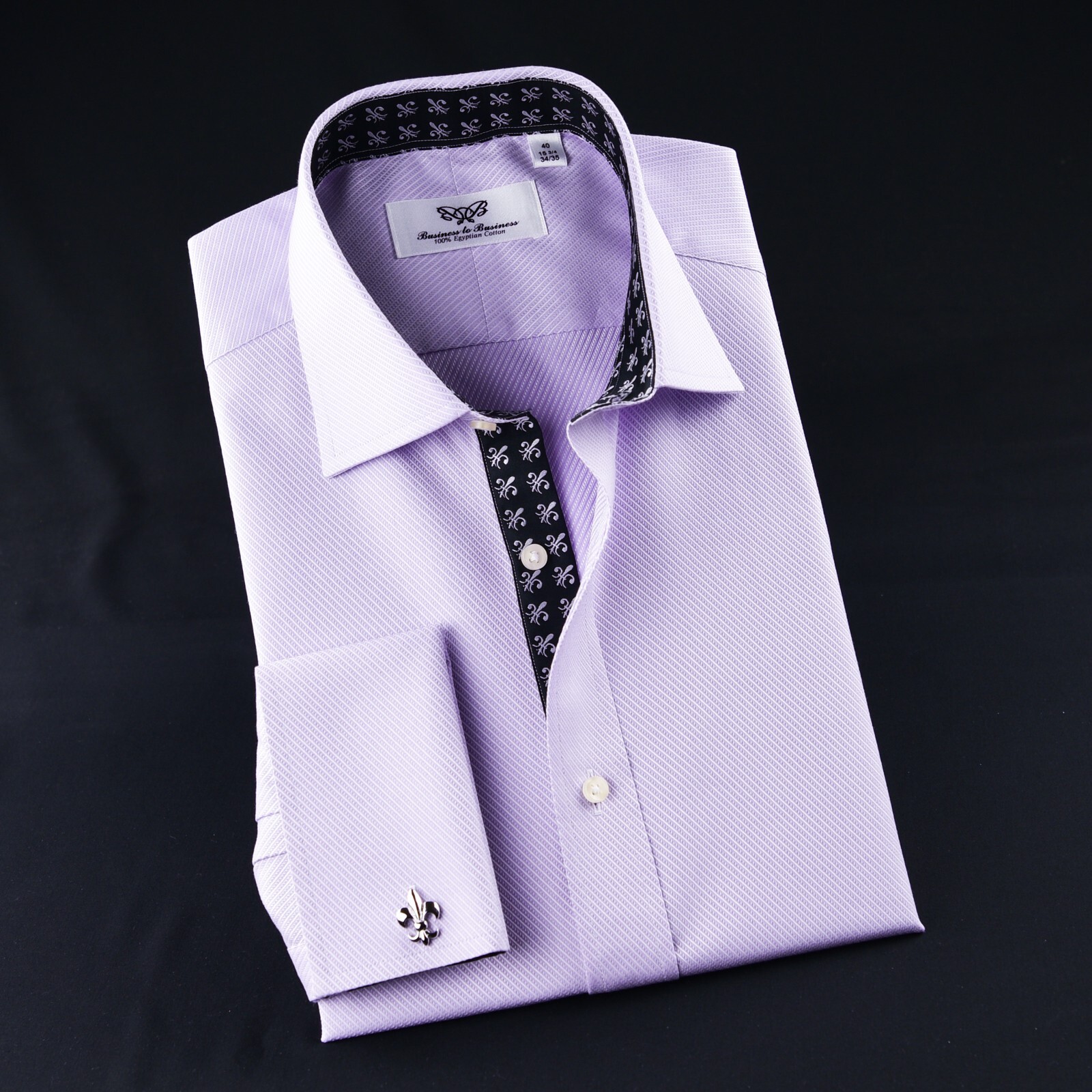 Lilac Twill With Black Italian Fleur-De-Lis Inner Lining Formal Dress Shirt Top