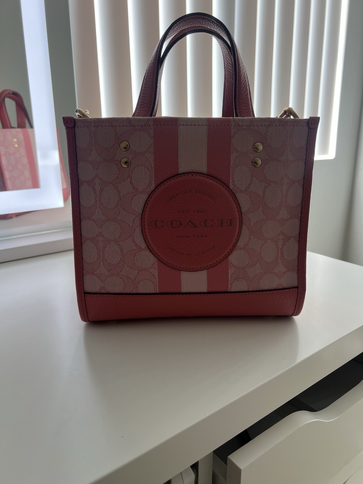 Coach Pink Signature Logo Small Tote Top Handle Detachable Strap Gold HW
