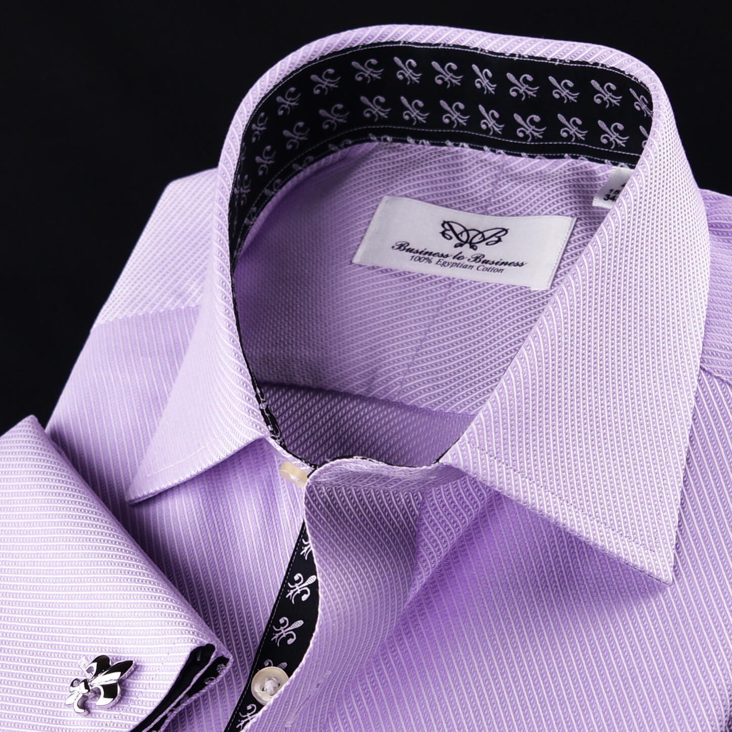 Lilac Twill With Black Italian Fleur-De-Lis Inner Lining Formal Dress Shirt Top