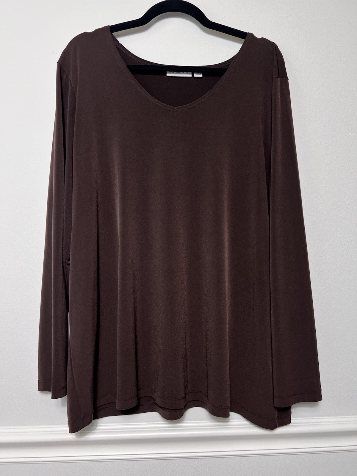 Susan Graver Top 1X Brown Tunic-Liquid Knit- Office Minimalist Stretch Travel