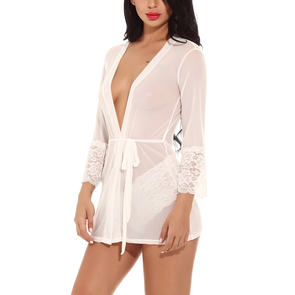 Women’s Bathrobe Sexy Lingerie Lace Robe See Through Cover Night Dress Sleepwear