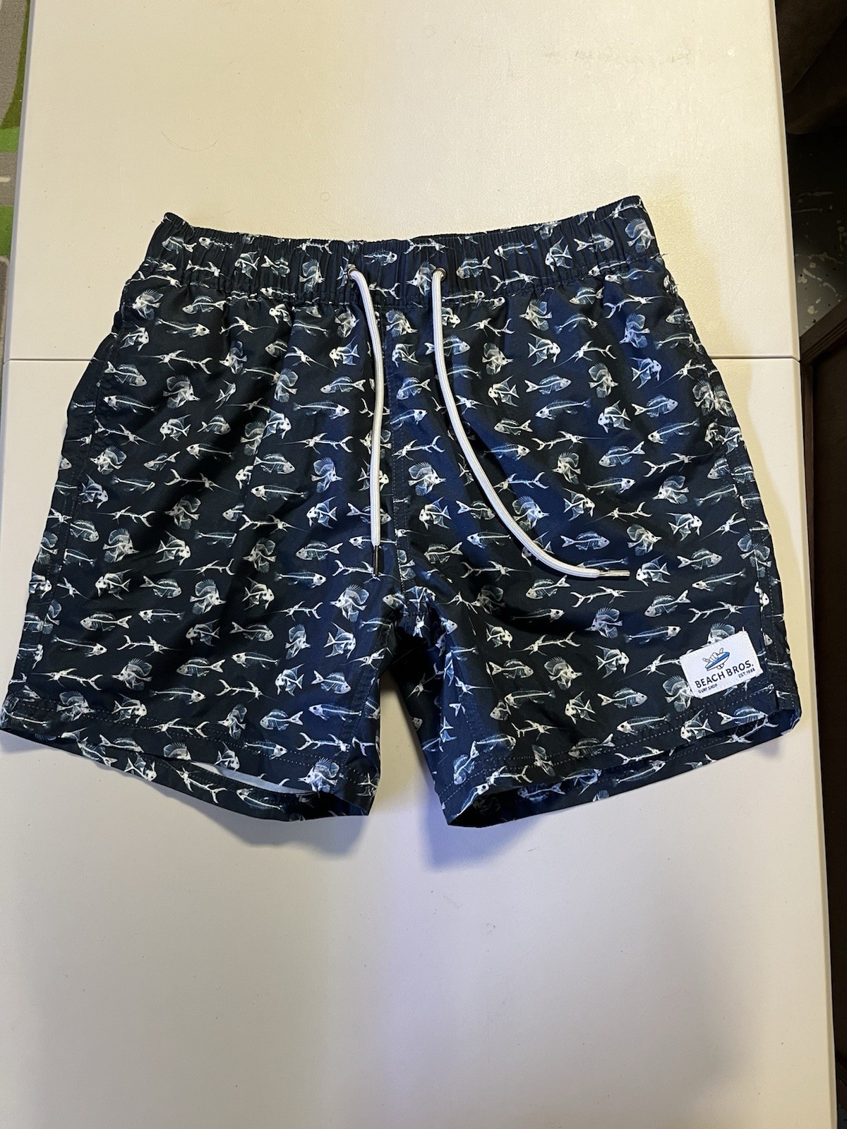 Men’s Beach Bros Swim Trunks Shorts Size M Blue/White Skeleton Fish Design