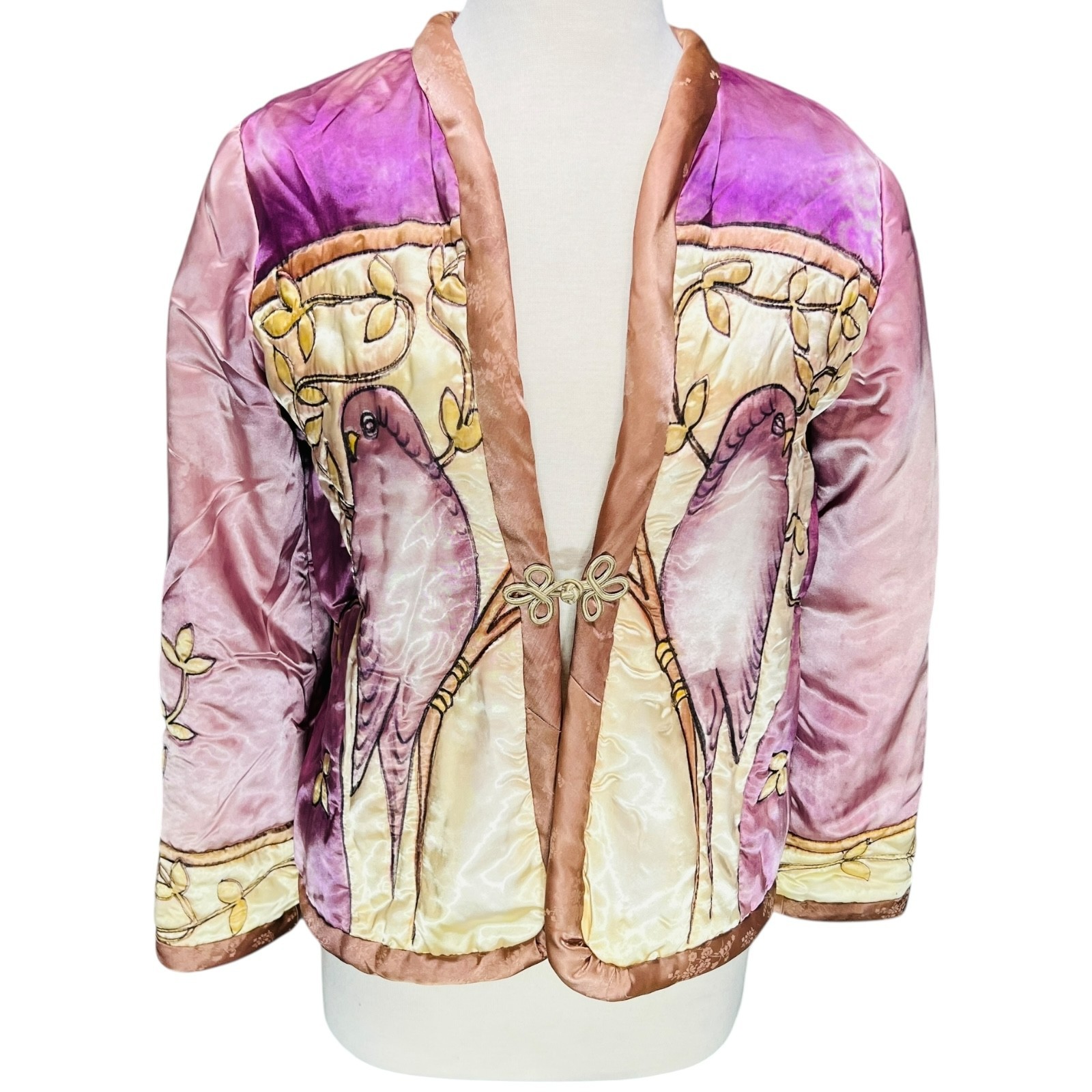 VTG Valery Guignon Hand Painted Silk Quilt Jacket Sz M Wearable Art Birds Signed