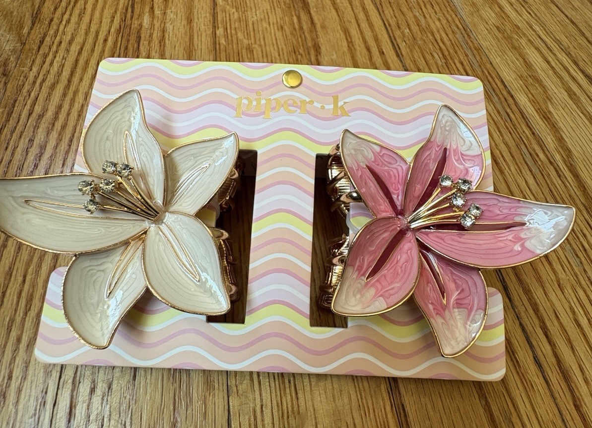 Piper Flower Hair Claw Clips Pink White Floral Beaded Accents