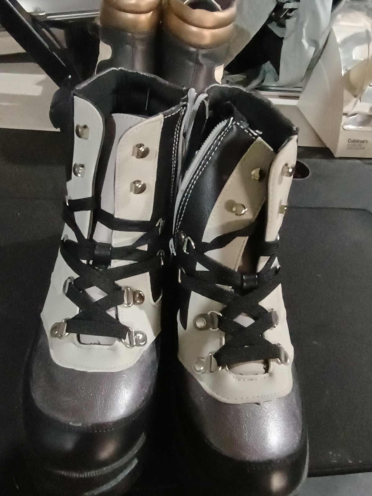 Sugar Calling Women’s Combat Ankle Boots Black/White Lace-Up Zip, US 8.5 M
