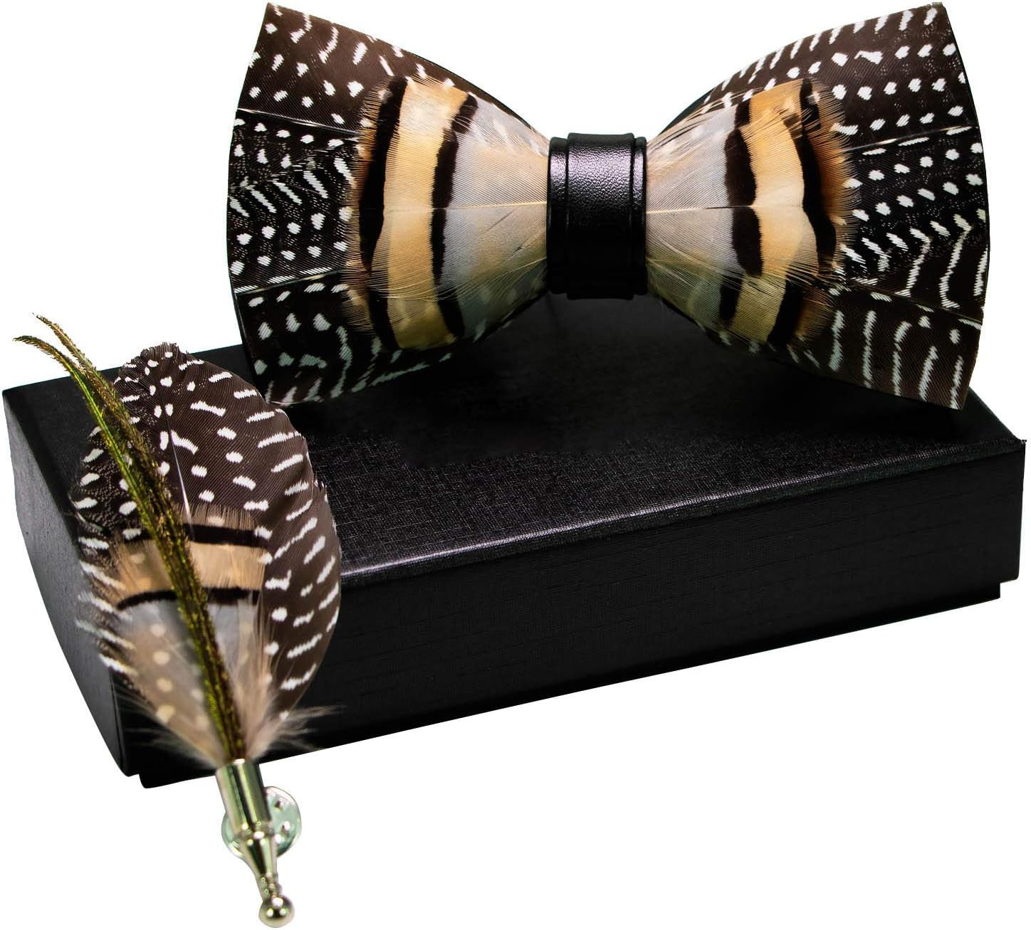 Handmade Feather Pre-tied Bow tie and Brooch Sets for Men
