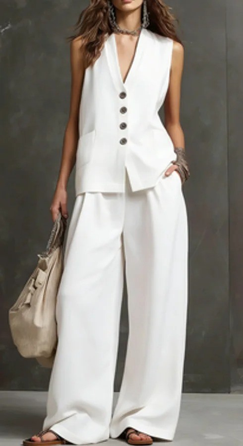 Women Solid Buttons Vest + Pocket Wide-leg Pants Suit Women Casual Two Piece Set