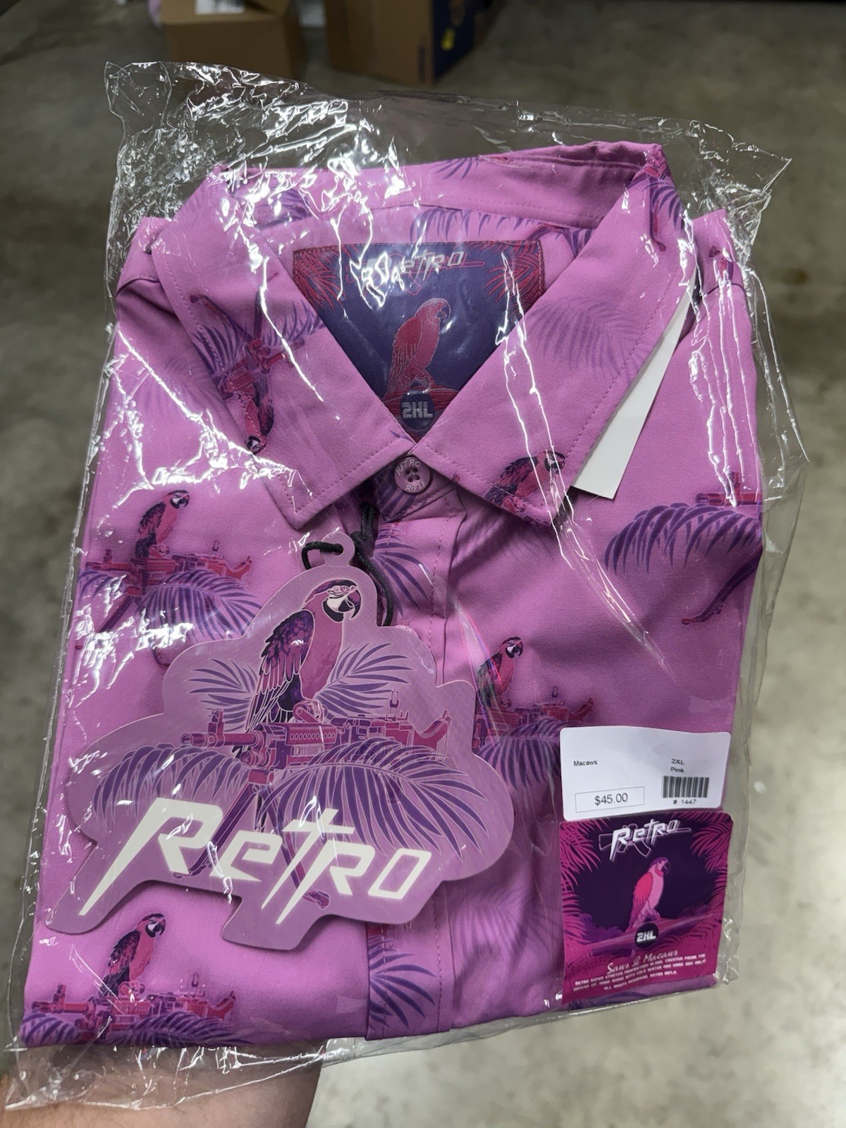 Retro Rifle Saws And Macaws 2XL XXL Button Down Hawaiian Pink NEW
