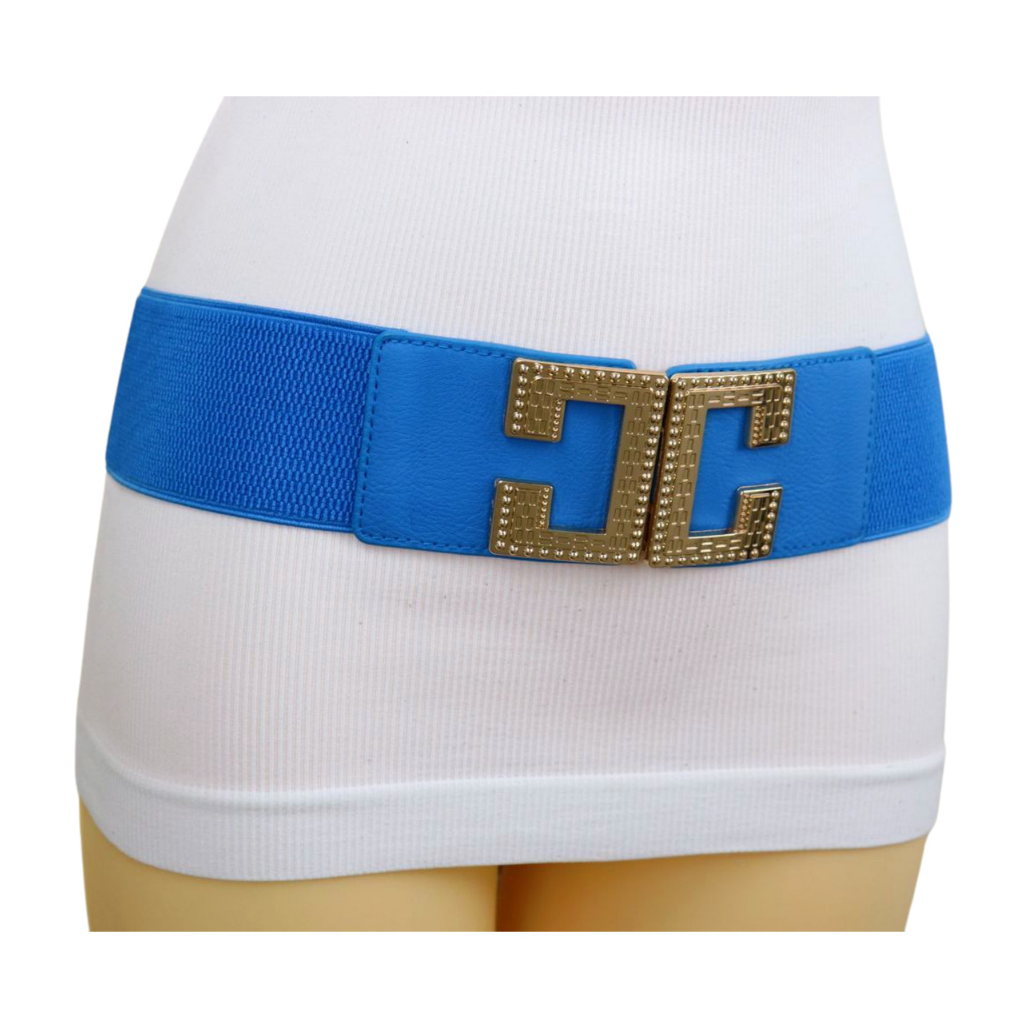 Women Blue Elastic Wide Fashion Belt Hip High Waist Gold Metal C Buckle Size S M