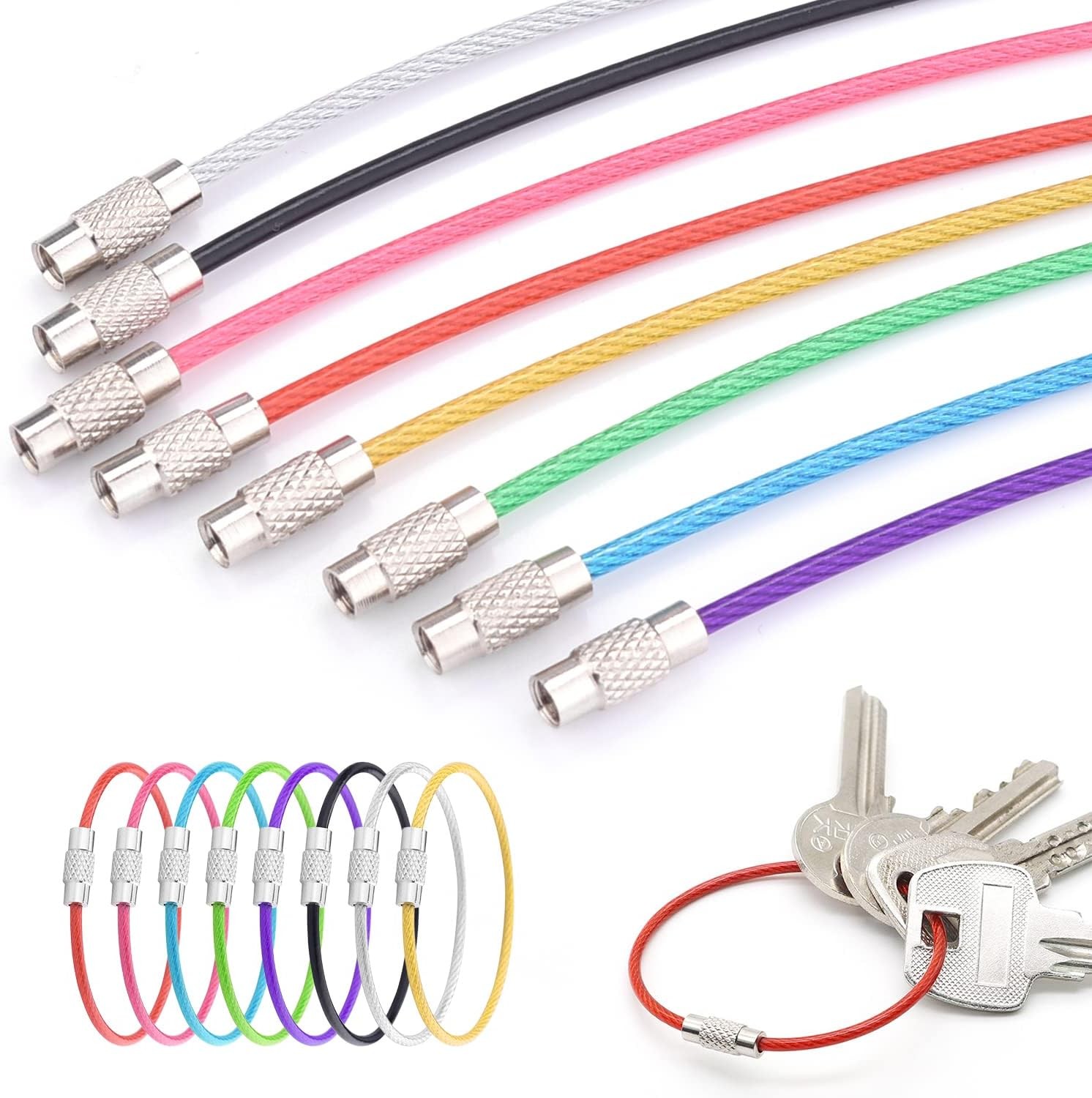 10Pcs Stainless Steel Wire Keychains Cable Key Rings Loop Screw Lock Outdoor 6″