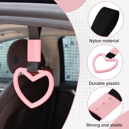 2PCS Heart Shaped Car Handle Straps, Rear Bumper Warning Keychain Ring Pink