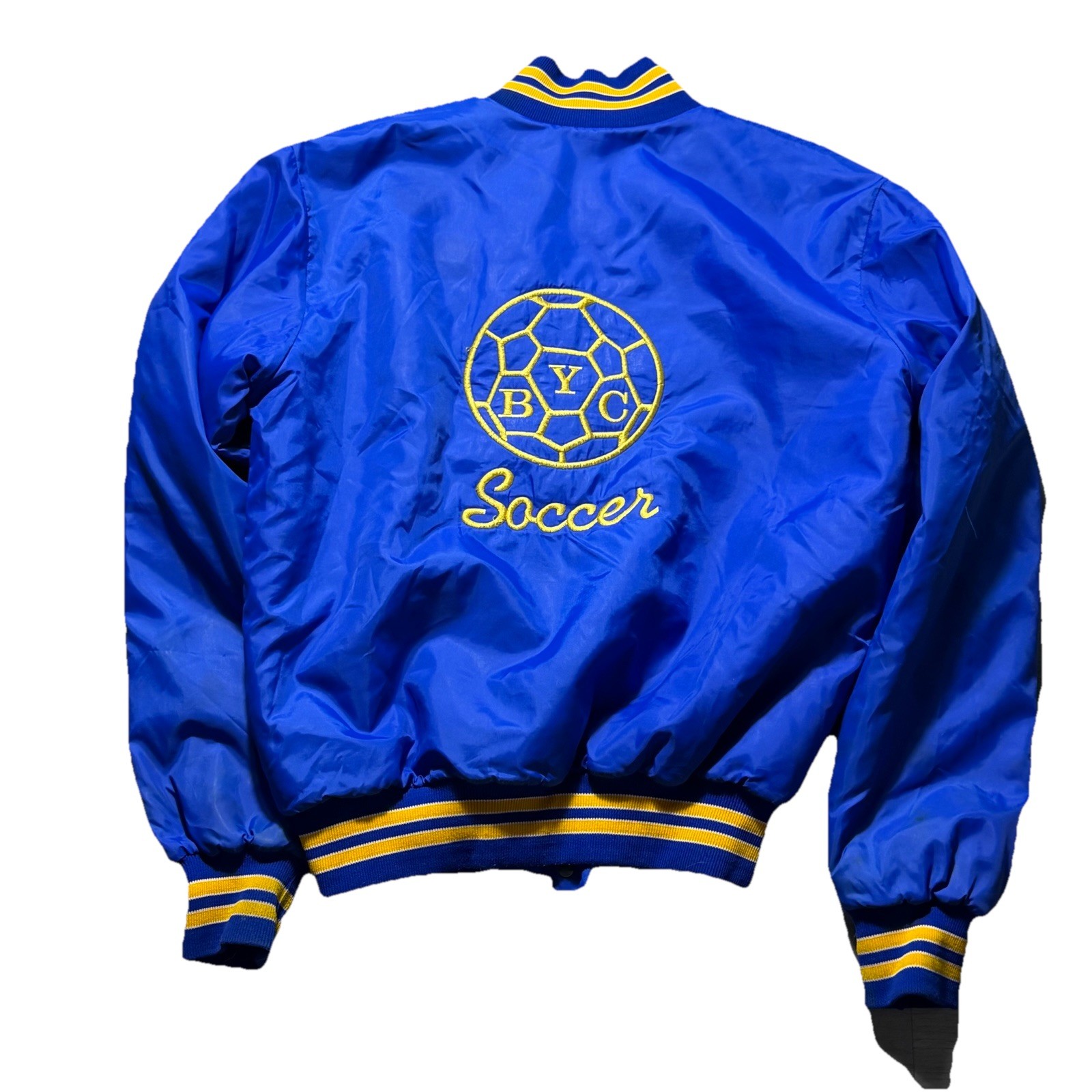Vintage USA Satin Bomber Jacket Soccer BYC Blue Yellow Fleece Lined Renno Mens M