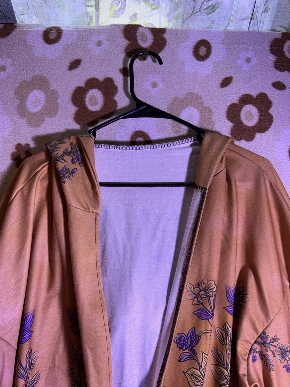 Women’s L Satin Polyester Hooded Floral Kimono Robe Purple/Beige Long Sleeve