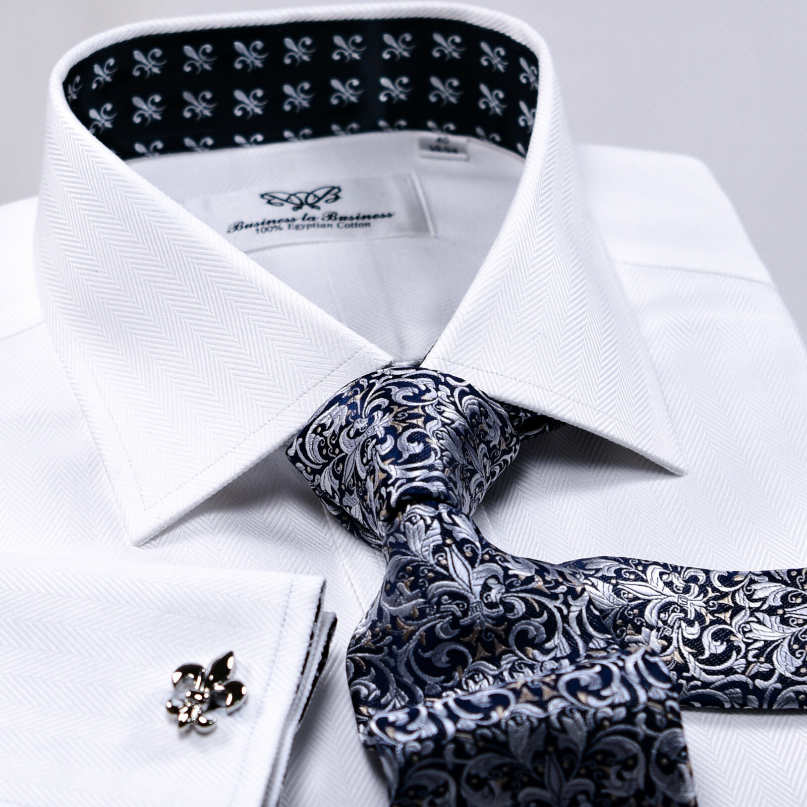 Black Italian Fleur-De-Lis White Heiingbone Twill Men’s Dress Shirt Sexy Floral