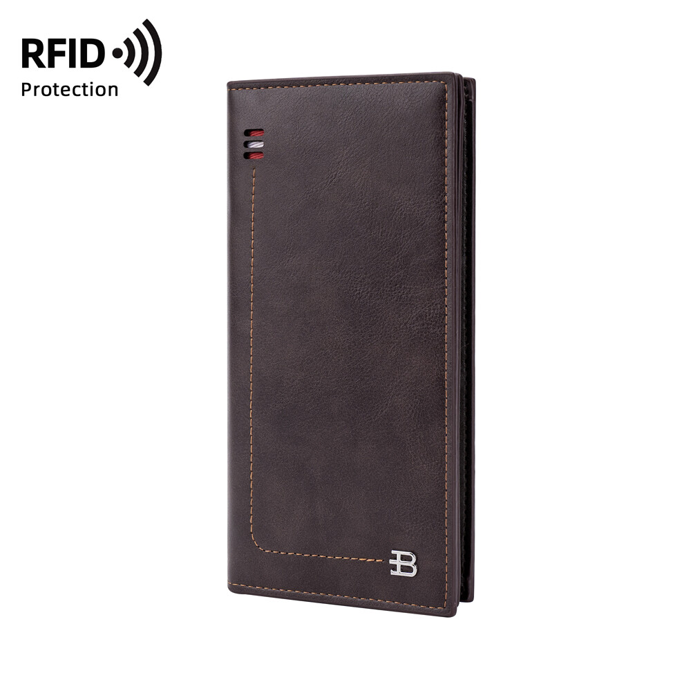 RFID Blocking Men Long Bifold Wallet Money Clip Leather Purse Multi-Card Holder