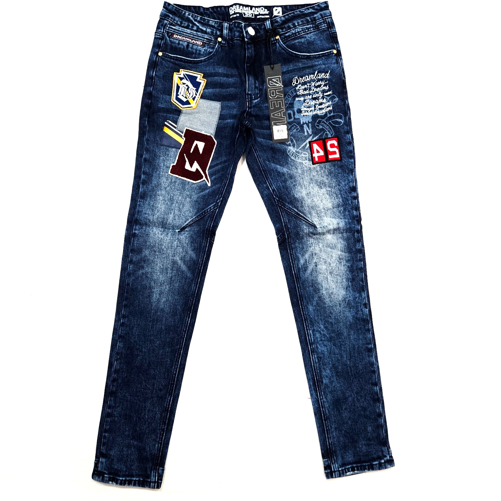 Dreamland Premium Men’s Jeans Blue Design Patch Distressed Skinny Fit Denim Jean