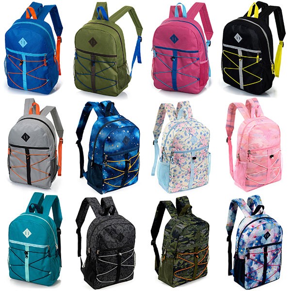 24-Pack 17″ Bungee Cord Backpacks for Kids – Bookbags in Bulk 12 Colors & Prints