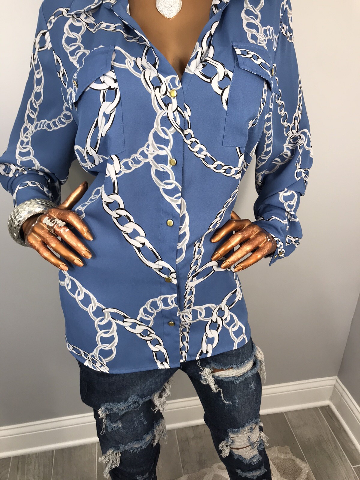 INC 2X Plus Top Chains Prints Button Up Shirt Low Cut Long Sleeves Easywear Sexy