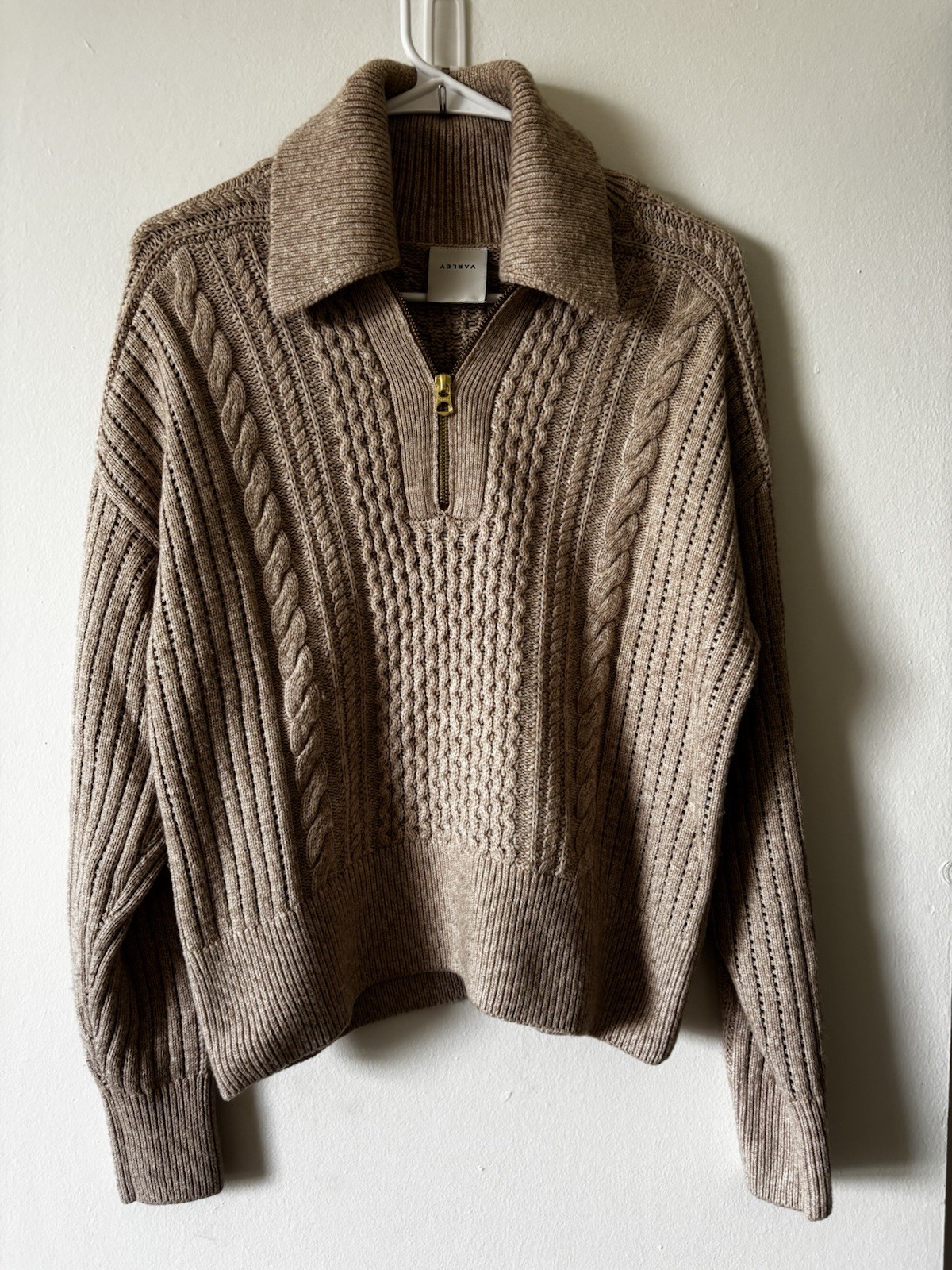 Varley Beige Cable Knit 1/2 Zip Collared Pullover Sweater Long Sleeve XS