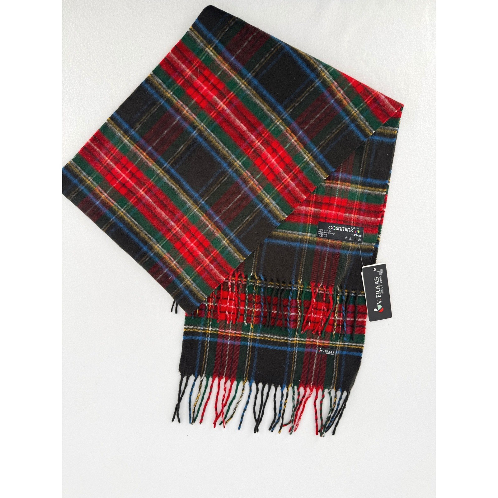 V. Fraas Scarf Unisex OS Black Plaid Cashmink Acrylic Fringe Made in Germany