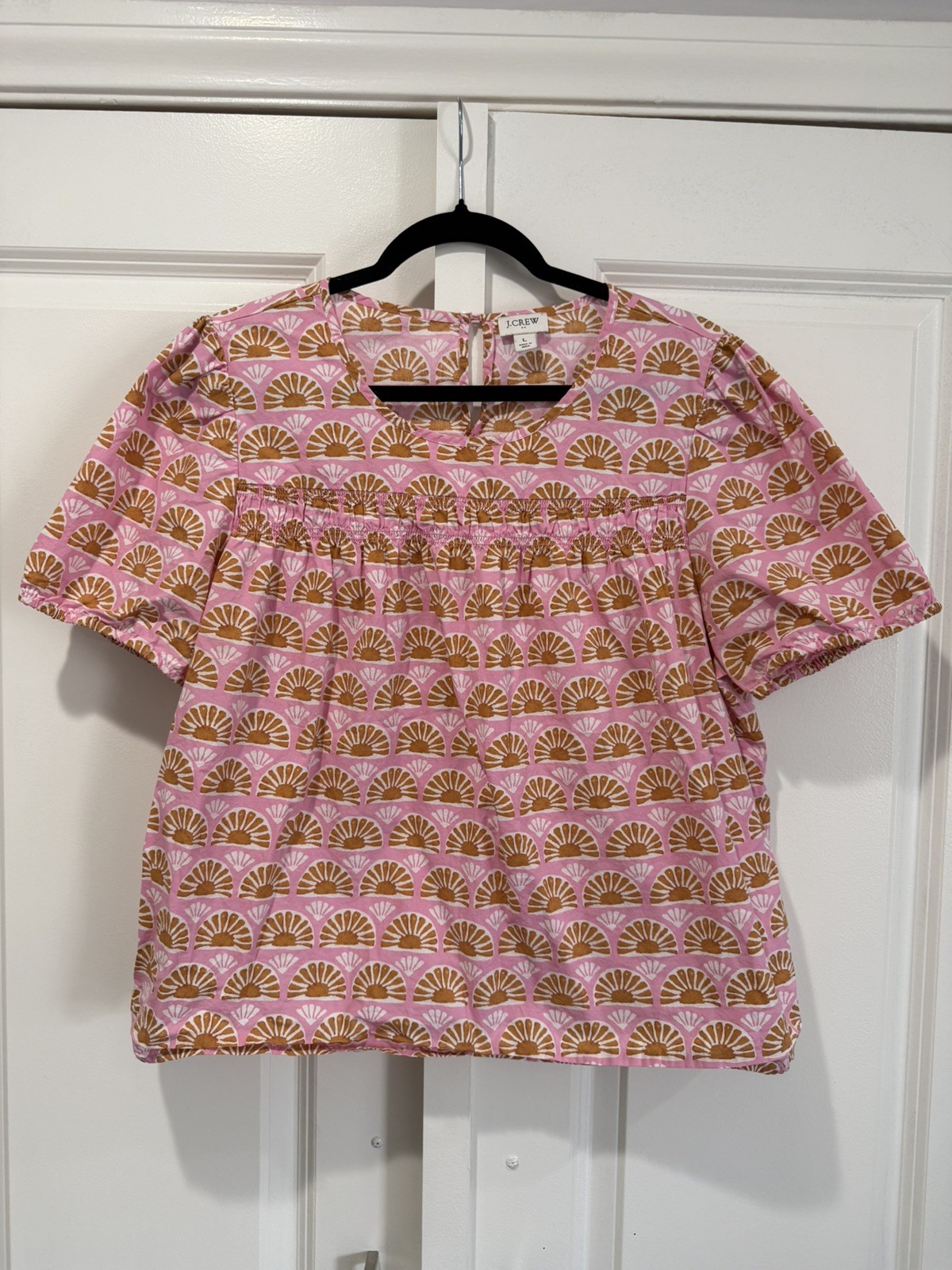 J Crew Women’s Pink Fan Print Smocked Puff Sleeve 100% Cotton Boho Cottage Large