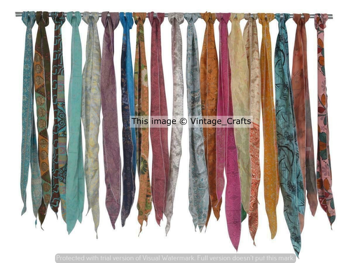 5Pcs Recycled Sari Silk Sashes Head Wrap/Scarf/Neck Tie 3×70” Handmade Boho Belt