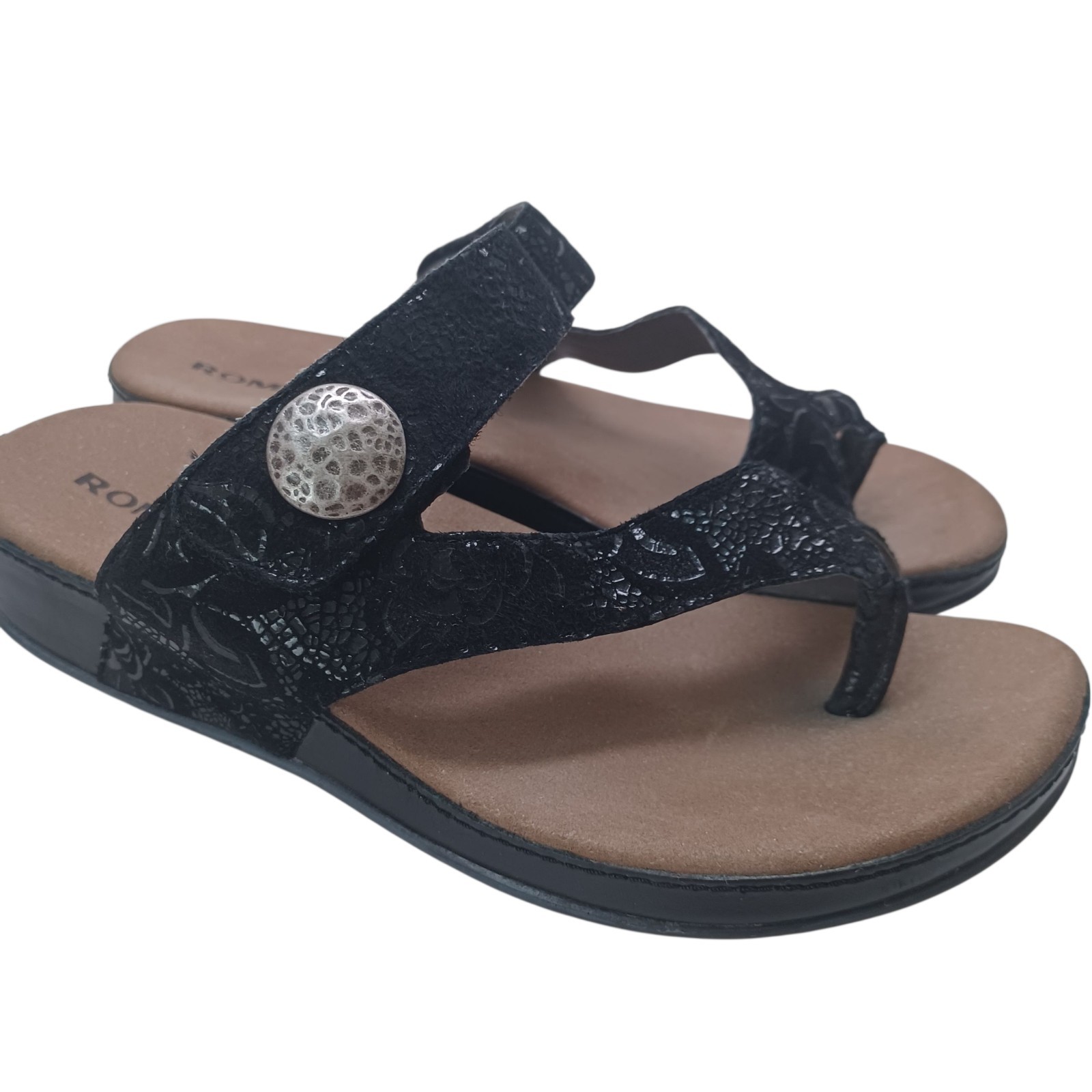 Romika Sandals Black Velvet Leather Comfort Wedge Germany Womens 38 or US 7.5