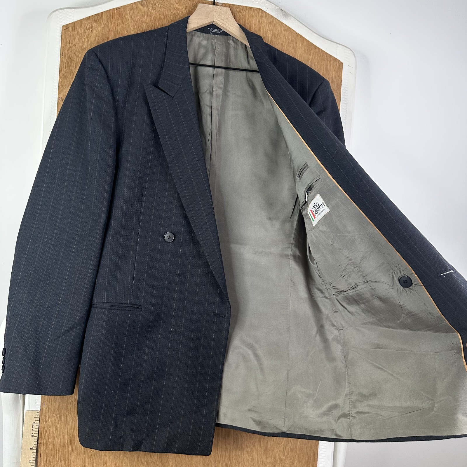 VTG Double Breasted Suit Mens 42R Gray Pinstripe Wool Pants 30×32 Canvased Retro