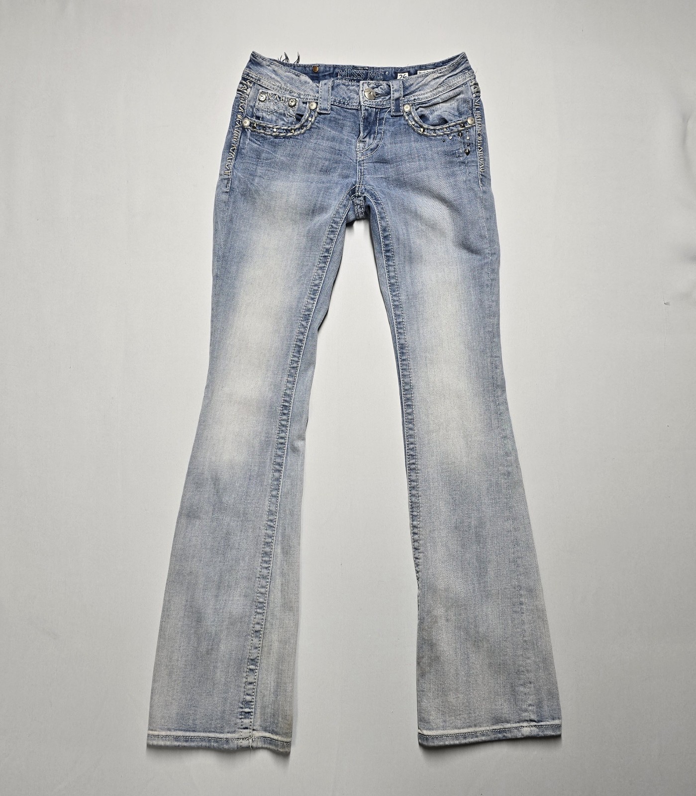 Miss Me Jeans Boot Cut Light Wash Embellished Pockets Sz 26×35 Inseam Je1050b2x
