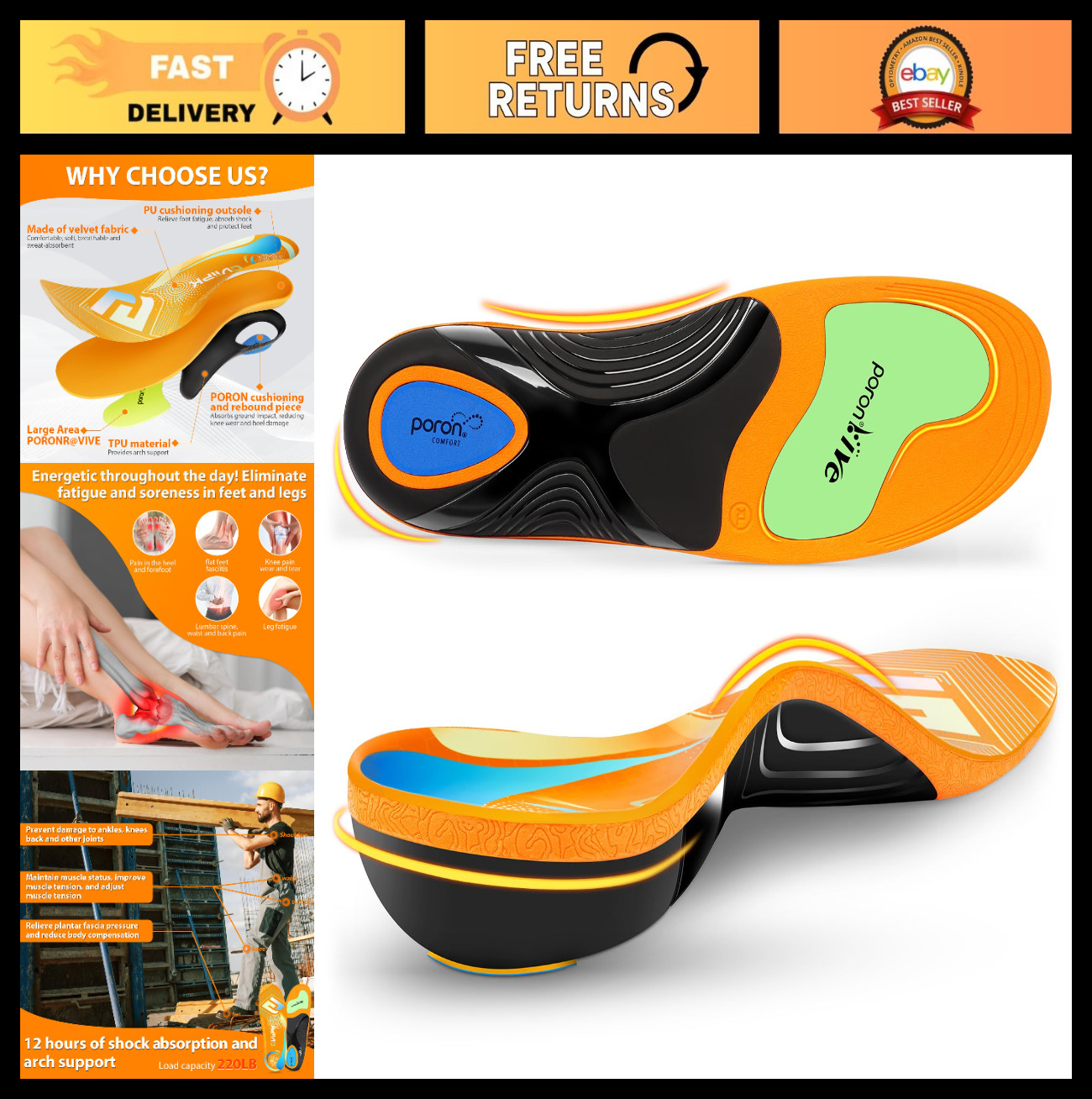 High Arch Support Insoles for Plantar Fasciitis Relief, Heavy Duty Shoe Inserts,