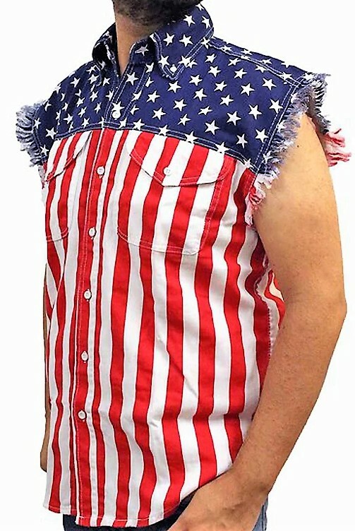 USA FLAG SLEEVELESS DENIM SHIRTS – 100% Cotton