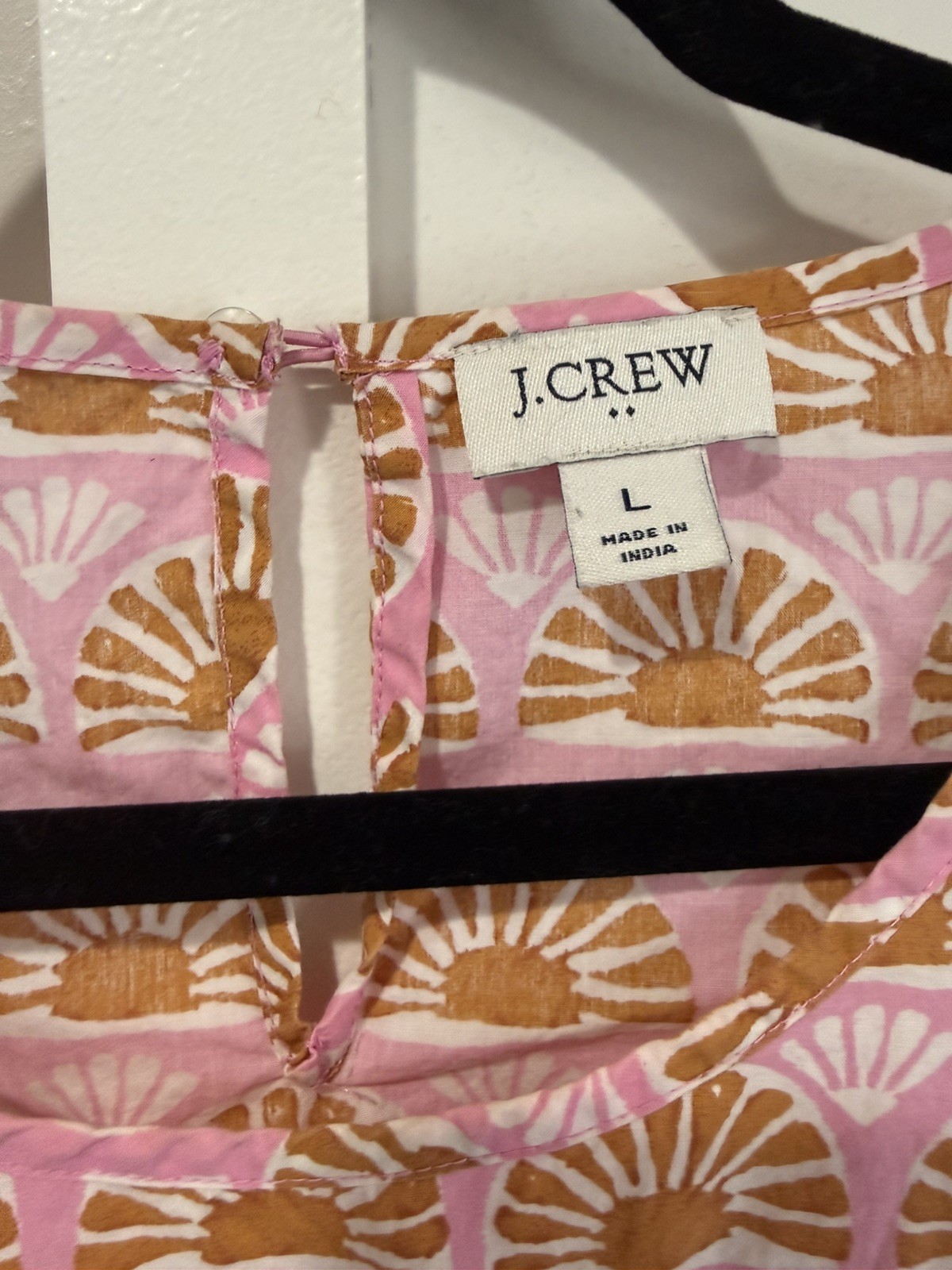 J Crew Women’s Pink Fan Print Smocked Puff Sleeve 100% Cotton Boho Cottage Large