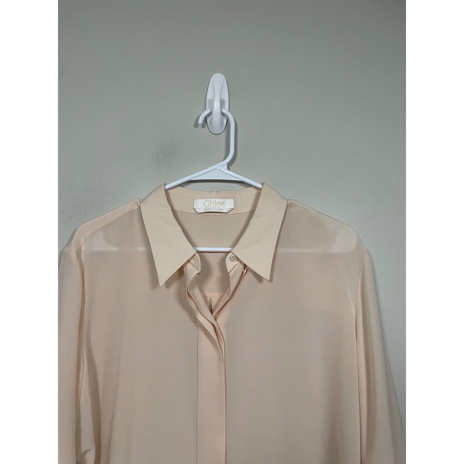 Chloé Pale Pink Silk Button Down Blouse Size 44 Feminine Quiet Luxury Designer