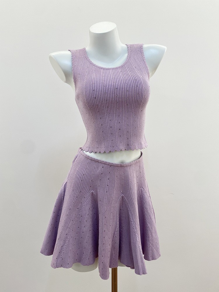 🎁🎁AUTHENTIC Sandro Women Sweet Round Neck Knit Purple Vest Skirt Suit Tops SML