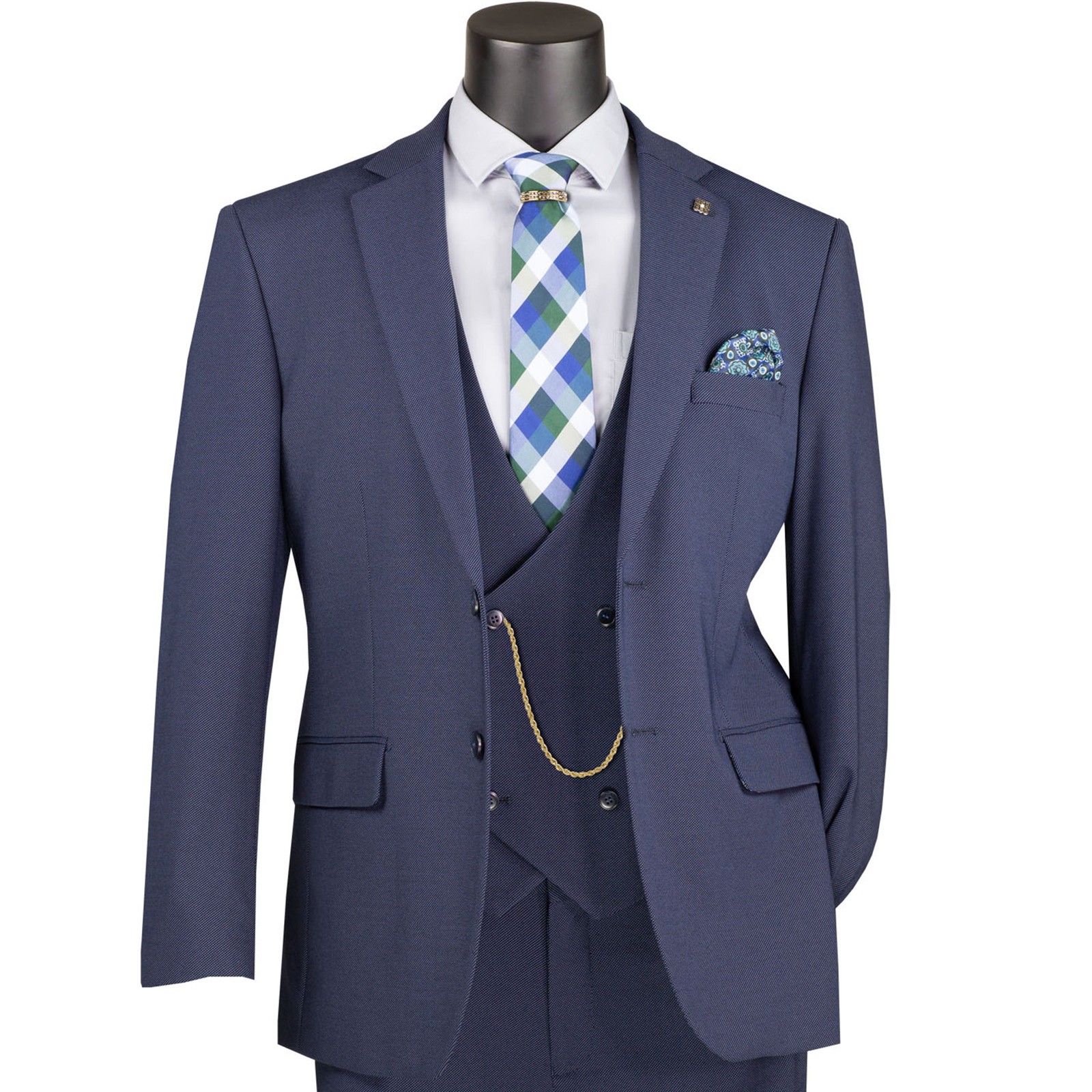 VINCI Men’s Navy 3pc Super Stretch Modern Suit w/ Flex Waist – Washable – NEW