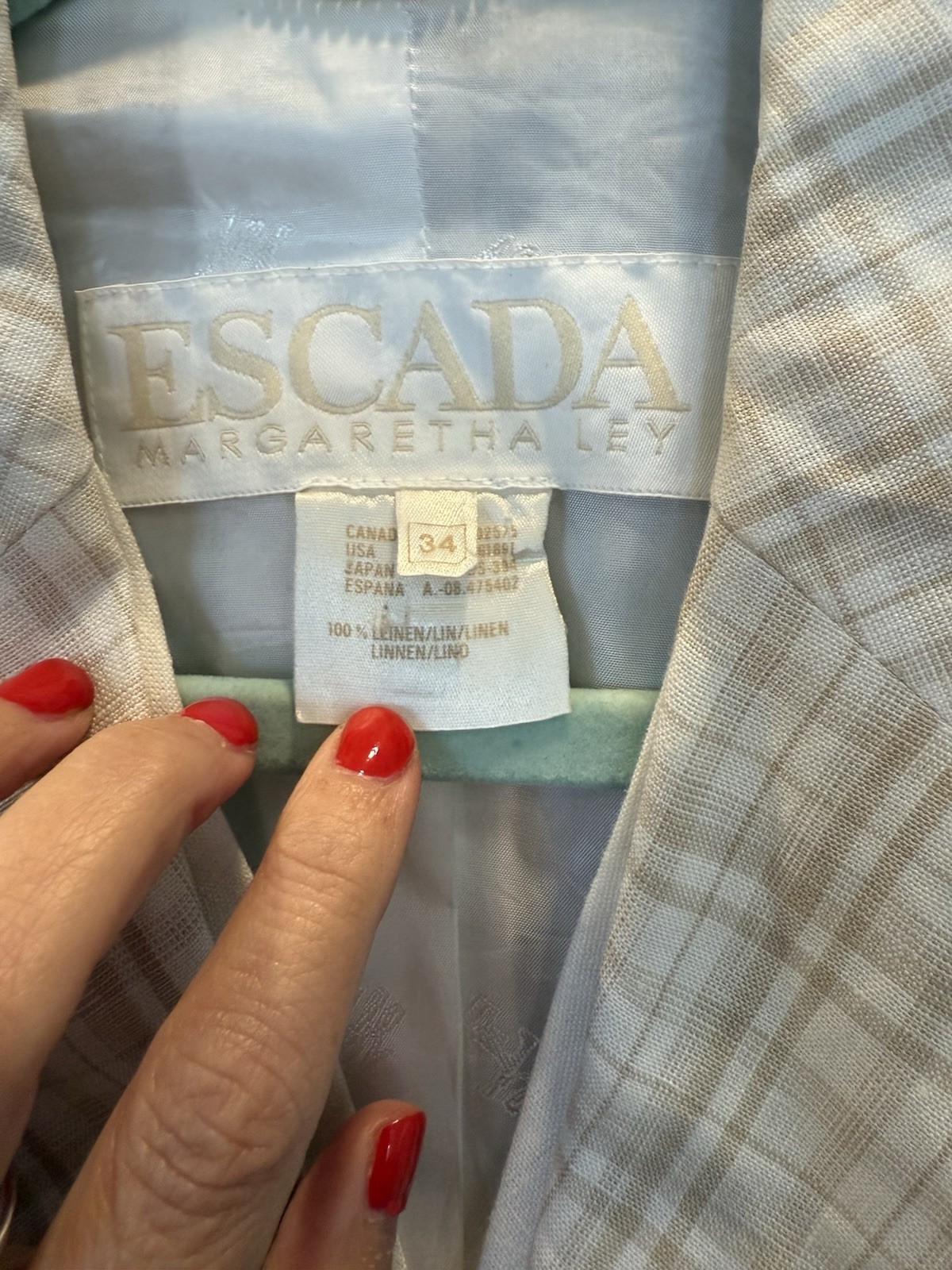Escada Margaretha Ley 100% Linen Plaid Blazer Beige White Gray Size 34