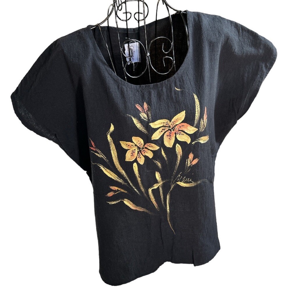 Vintage Celine Hand Painted Maui Tunic Cap Sleeve Top Size Black Size XL