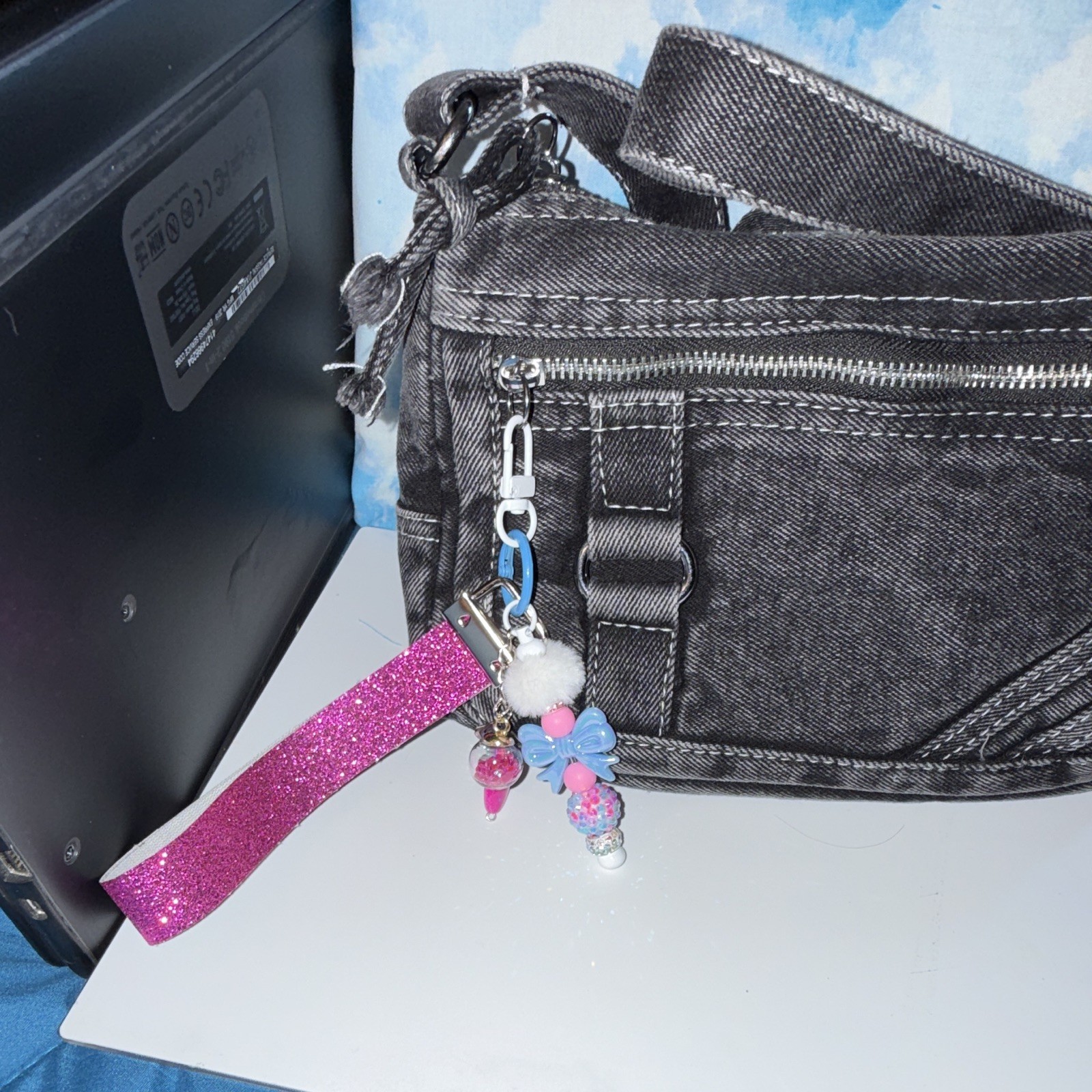 Pink Glitter Wristlet Strap Key Chain/Bag Charm w/Blue Bow Heart Beads Pom Pom
