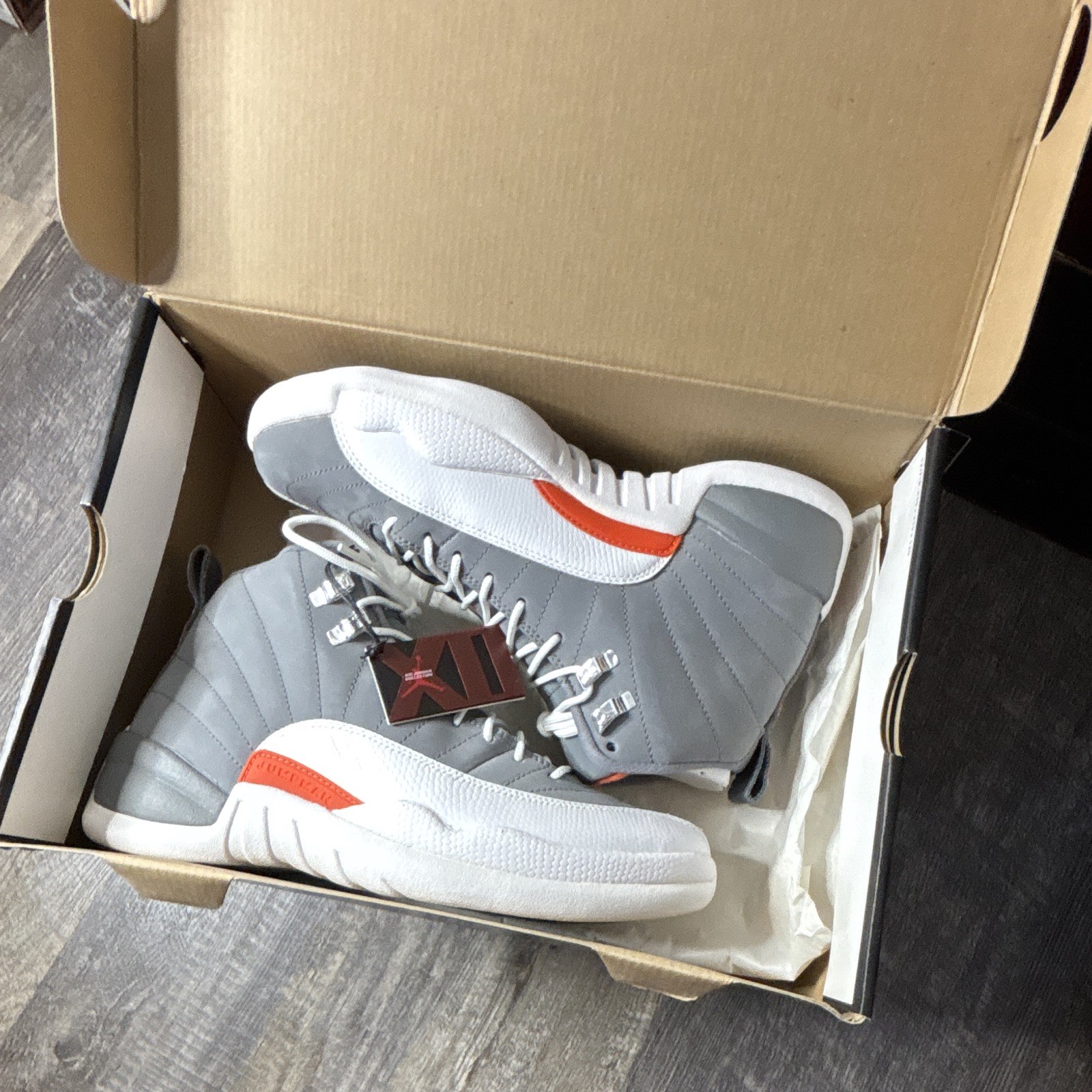 Jordan Air Jordan 12 Retro GS Cool Grey/White/Orange Leather High Top 7.5Y