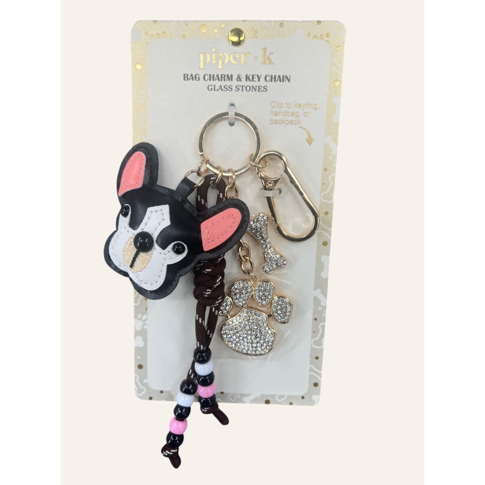 Piper K French Bulldog Bag Charm Keychain Black Gold Glass Stones Bling NEW