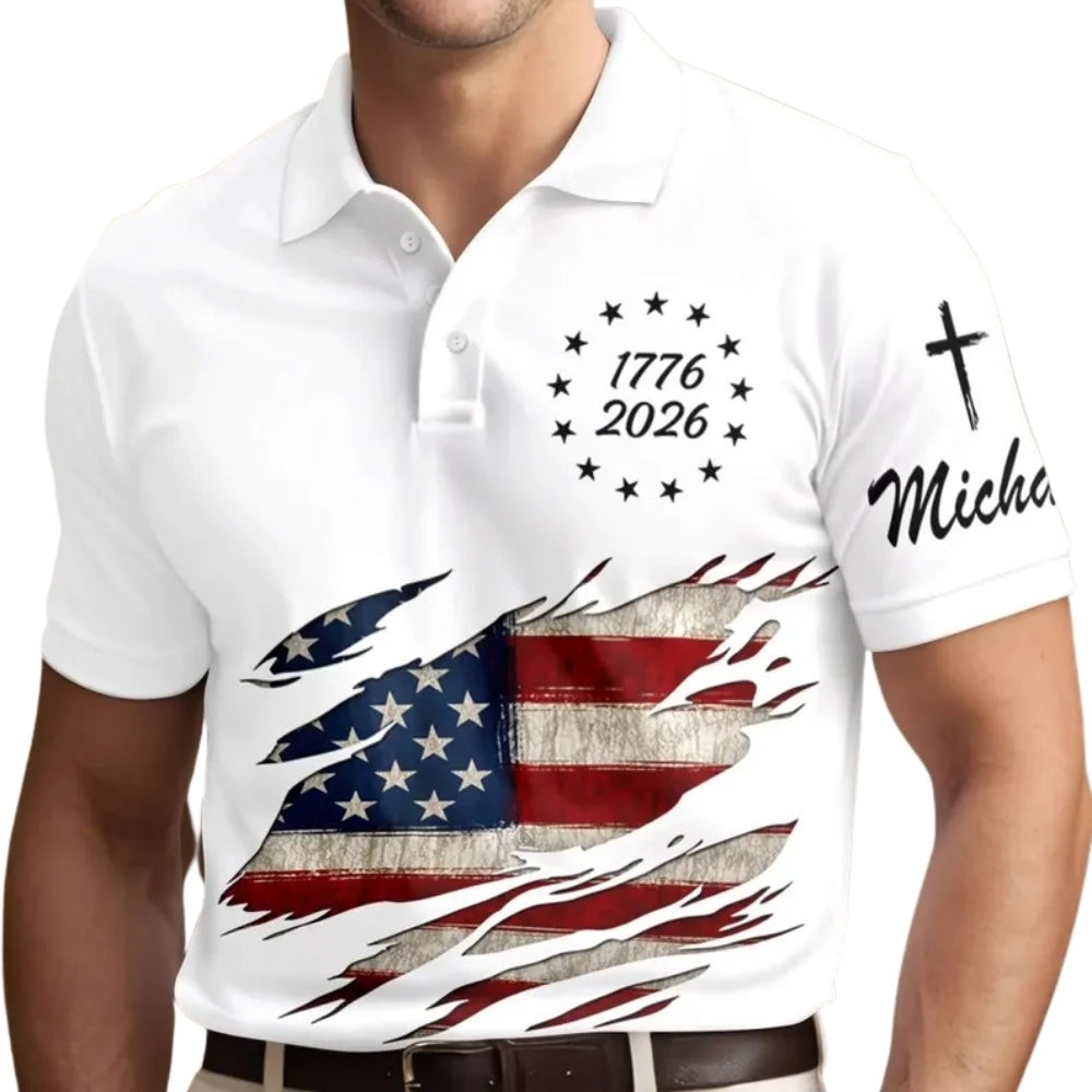 Custom Name 1776-2026 250th Anniversary American Flag Golf Polo Shirt S-5XL
