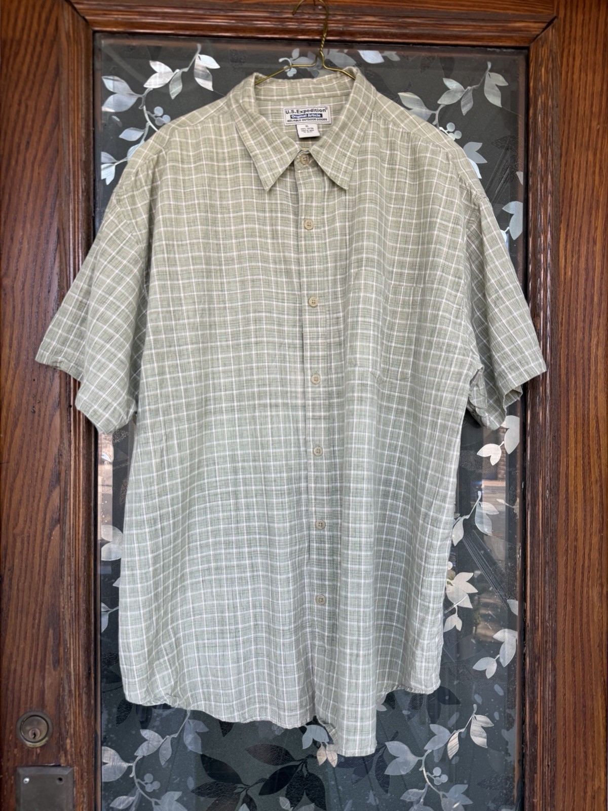US Expedition Men’s Shirt Green, Beige, White Plaid, Button-Up, Size XL EUC
