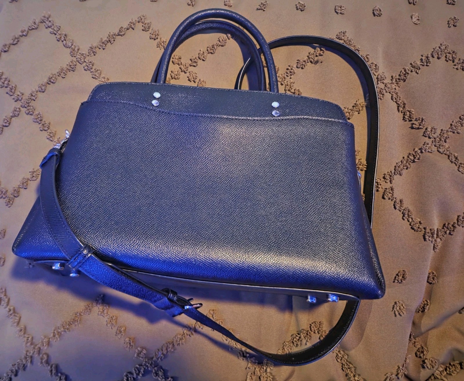 Coach Lillie Carryall Black Crossgrain Leather Satchel Crossbody Bag