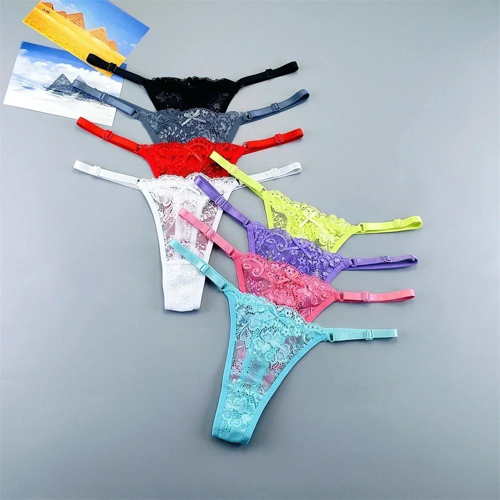 3PCS Tangas Transparentes de Encaje Mujer T-Back Ajustables Cintura Baja
