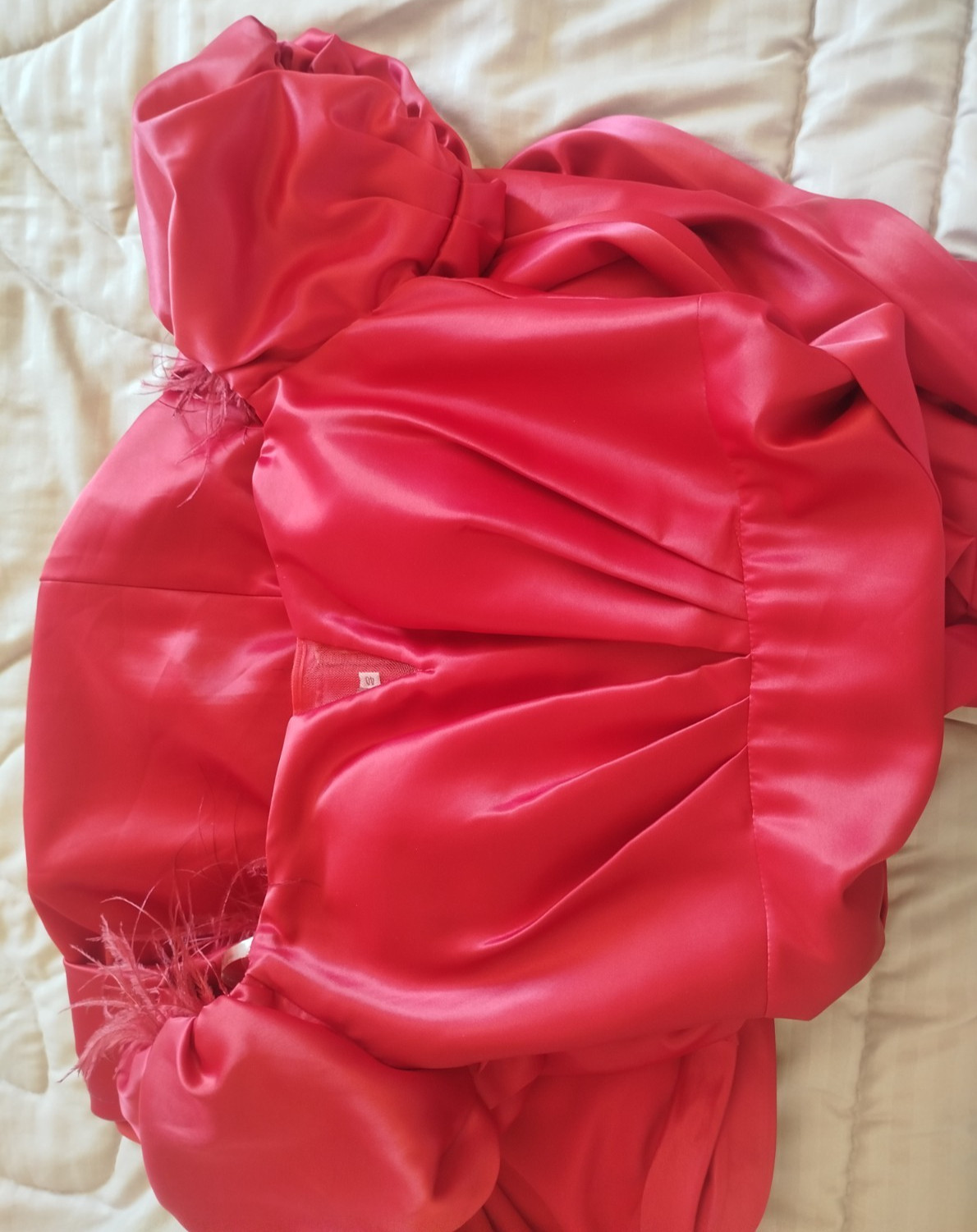 Elegant Red Satin Evening Dress Balloon Puff Sleeve Maxi Party Gown Gently Used