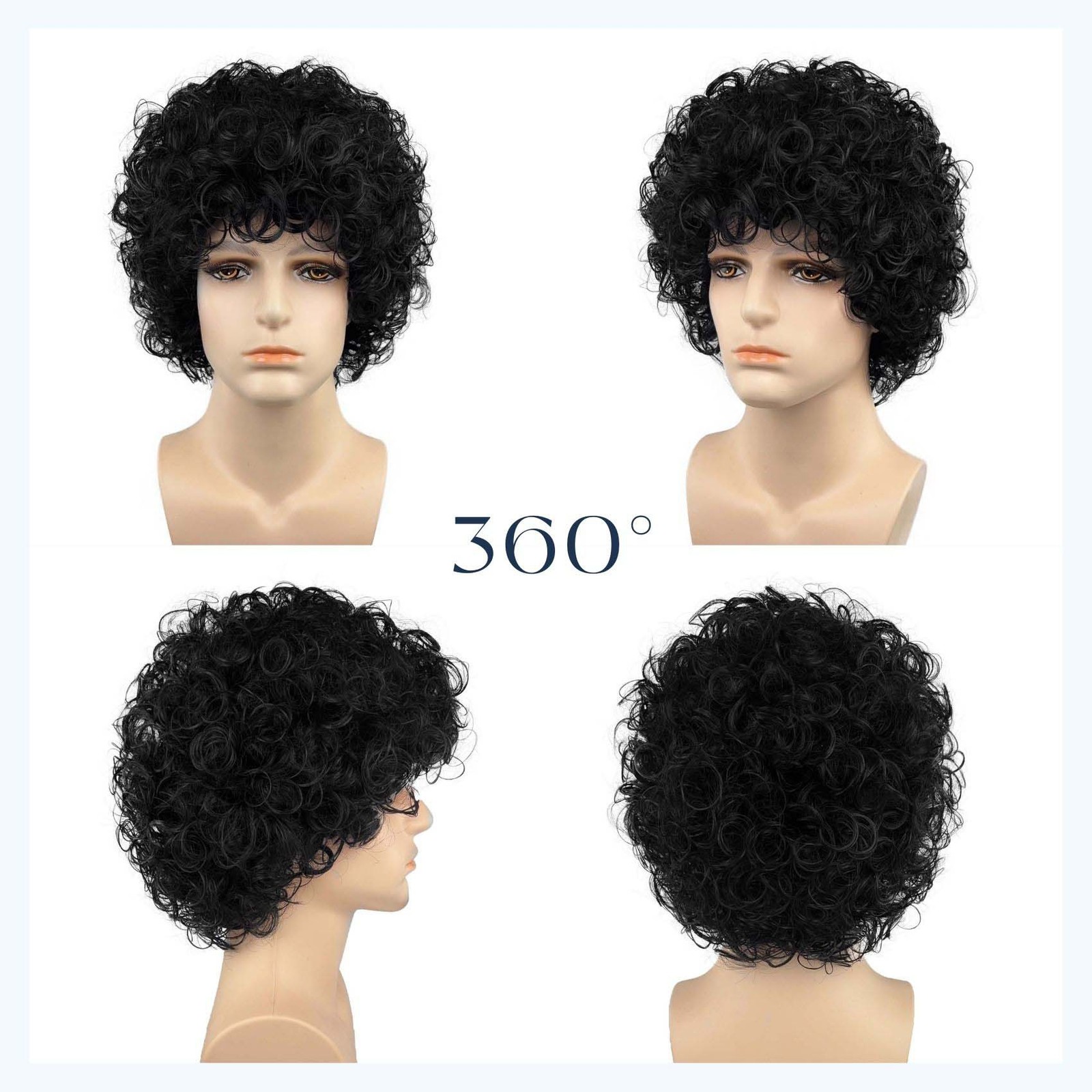 Men’s 12in Short Curly Wig Black Heat Resistant Synthetic Full Cosplay Party Wig