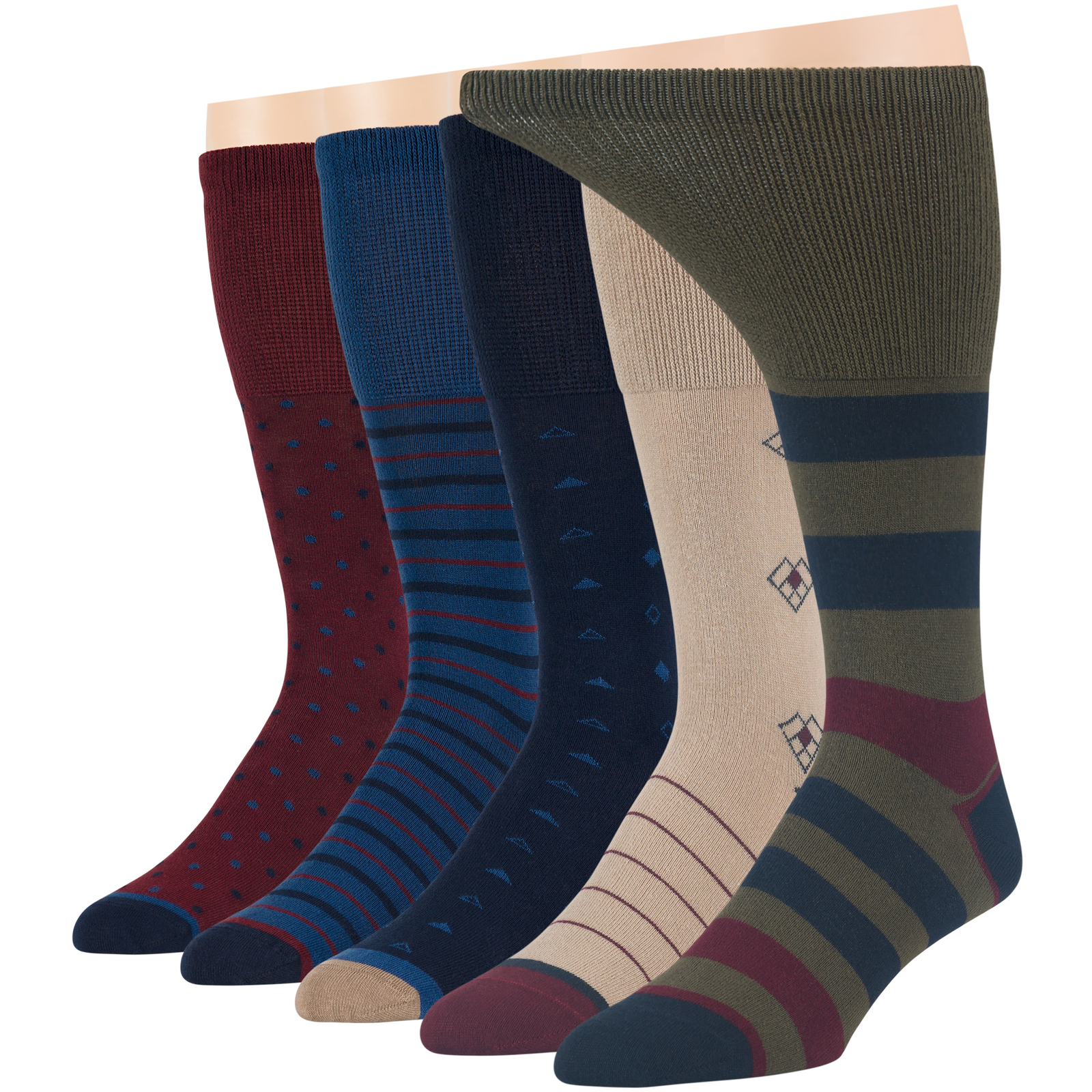 Men Diabetic Cotton Wide Mid-Calf Socks-5 Pack Large-Stripe Dot-Navy Beige Green